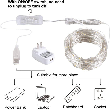 USB Fairy String Lights with Switch and Power Adapter, 66 Feet 200 Led Firefly Lights for Bedroom Wall Ceiling Christmas Tree Wreath Craft Wedding Party Decoration, Warm White