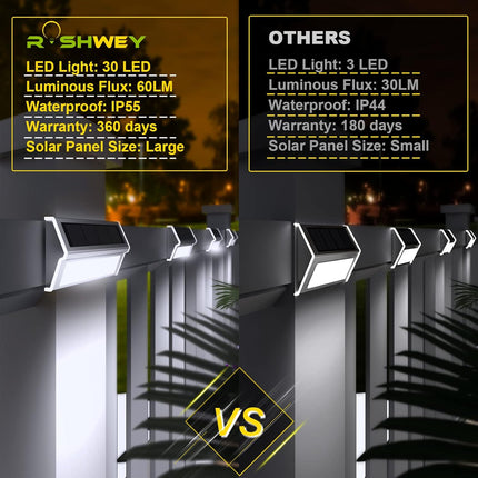 Roshwey Solar Lights Outdoor 6 Pack 30 Led Deck Lights Solar Powered Waterproof Outside Stair Lights Fence Post Lamp Outdoor