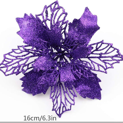 12 Pack Christmas Glitter Poinsettia Flowers Artificial Flower Christmas Tree Decorations and Ornaments, 6.2"/16cm Diameter (Purple)