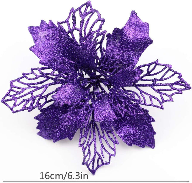 12 Pack Christmas Glitter Poinsettia Flowers Artificial Flower Christmas Tree Decorations and Ornaments, 6.2"/16cm Diameter (Purple)