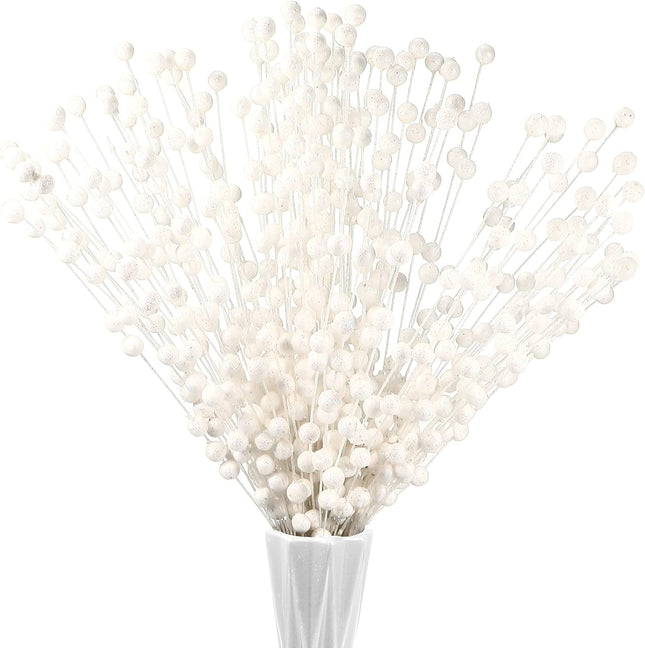 200 Pieces Christmas Berries Artificial Stems Christmas Tree Decorations Fake Christmas Picks for Home Glitter Sticks DIY Wreath Crafts Fireplace Holiday Christmas Decor 13.8 Inches (White)