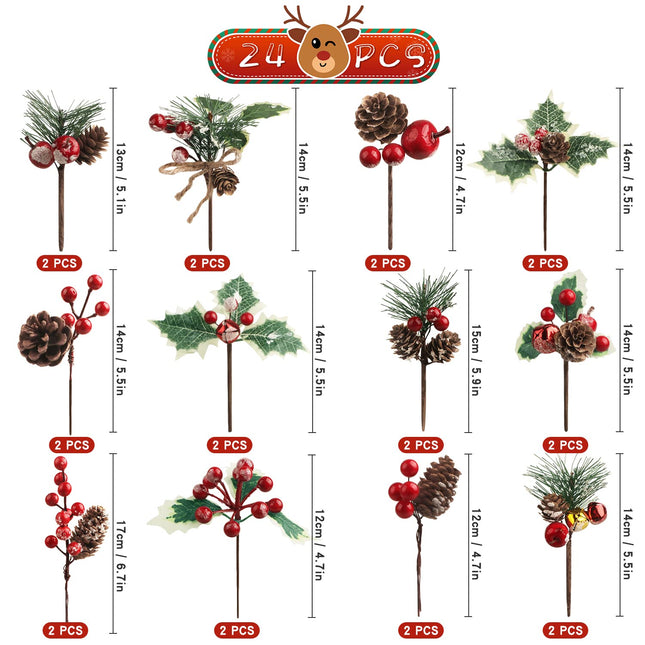 24 Pcs Artificial Christmas Pine Picks Christmas Berries Artificial Stem with Pinecones Apples Bells Christmas Flower Picks for Christmas Tree Wreath Arrangement Winter Holiday Decor