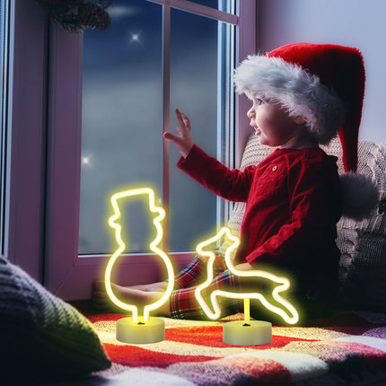 VIHOSE 3 Pcs Christmas Neon Sign LED Night Lights Lamp with Holder Base Snowman Reindeer Christmas Tree Shaped Lights Battery/USB Powered Christmas Neon Lights for Christmas Room Decor