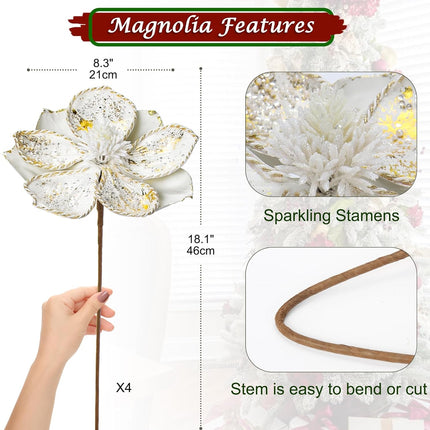 Briful 8’’ Large Heads Christmas Glitter Magnolia Flowers Christmas Tree Ornaments Set of 4 Artificial Flowers with Picks Stems for Xmas Tree Holiday Decorations,White