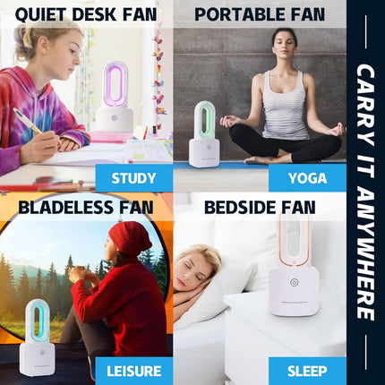 Desk Fan Small Bladeless Personal Fan Quiet Mini Table Fan 12'' Touch Control 4000Mah Rechargeable Portable Fan With 6Colors Led