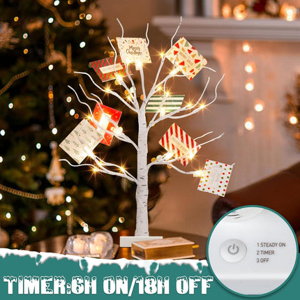PEIDUO Christmas Decorations, 22 Inch Card Tree Holder with 8 Clips and 8 Christmas Cards, Lighted Tabletop Money Tree, for Christmas,Birthday Wedding,Battery Powered, 6H/18H Timer (White)