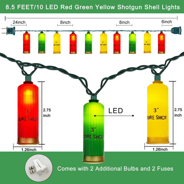 SUNSGNE 8.5ft LED Shotgun Shells String Lights, Indoor Decorative Christmas String Lights with 10 Red Green Yellow Lights, Plug-in Hanging String Lights for Christmas Hunting-Themed Party Decor