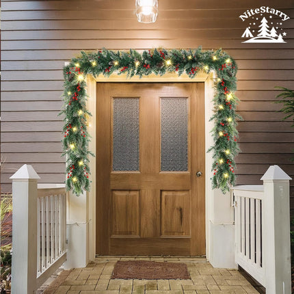 9 FT Prelit Christmas Garland with Lights, Battery Operated Lighted Garland with Pine Cones Red Berries, Christmas Decor Mantle Fireplace Indoor Outdoor Winter Decoration