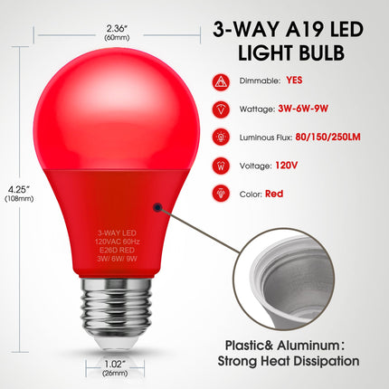 Briignite 3 Way Red Light Bulbs, 3 Way LED Light Bulbs 30 70 100W Equivalent, Red 3 Way Light Bulbs, Three Way A19 Light Bulbs E26 Medium Base, Christmas Light Bulbs, 2Pack