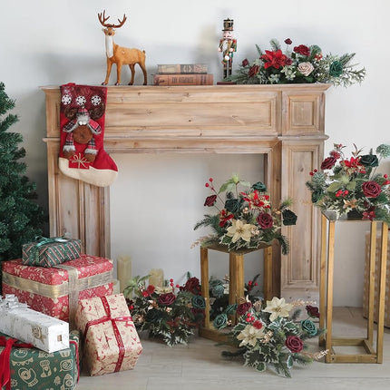 Serra Flora Artificial Christmas Flowers Greenery Combo Box Set Faux Flowers Bulk Flower Leaf with Stems for DIY Tree Ornaments Xmas Wreath Floral Arrangements Centerpieces
