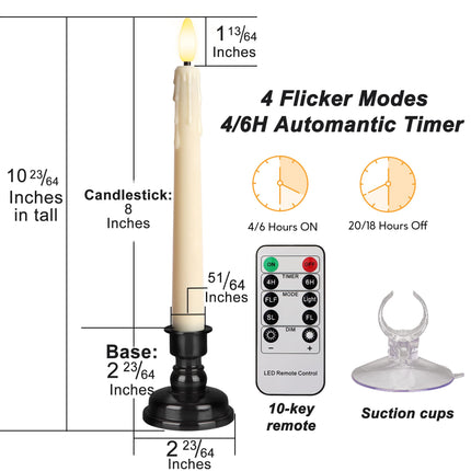 Battery Operated LED Window Candles with Remote Timer, 8 Inches Ivory Flameless Taper Flickering Candles, Removable Black Candlesticks and Suction Cups, Holiday, Home Decor, 4 Pack