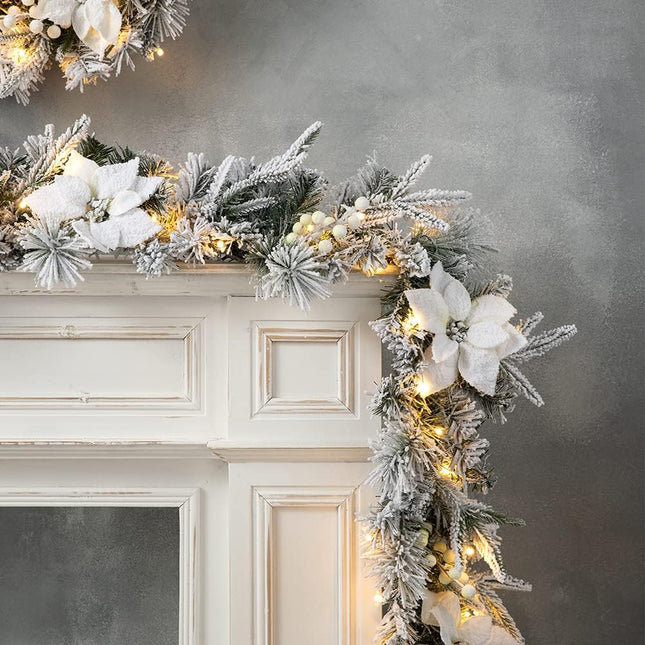 Glitzhome 9ft Pre-Lit Snow Flocked Greenery Pine Poinsettia Christmas Garland, with 50 Warm White Lights with Timer