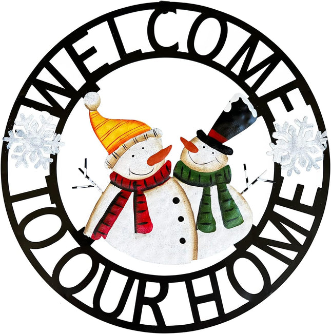 Metal Hanging Rustic Snowmen Welcome Door Wreath,13''x13'',Vintage Christmas Snowman Porch Decor Front Door Wreaths Garden Shop Welcome Sign Indoor Outdoor Decorations for Winter Christmas Decor