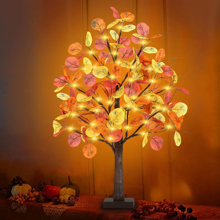 FastDeng 2FT Fall Lighted Eucalyptus Tree, 24 Inch Prelit Tabletop Artificial Tree with 36 LED Lights, 108 Leaves, Timing Battery Operated Fall Tree for Indoor Autumn Harvest Thanksgiving Home Decor