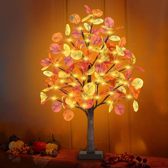 FastDeng 2FT Fall Lighted Eucalyptus Tree, 24 Inch Prelit Tabletop Artificial Tree with 36 LED Lights, 108 Leaves, Timing Battery Operated Fall Tree for Indoor Autumn Harvest Thanksgiving Home Decor