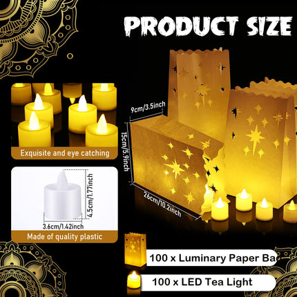 100 Set Luminary Paper Bags with Flameless Tea Lights Christmas Flameless Candle with Luminaries Candle Bag LED Tea Light for Birthday Wedding Halloween Christmas Thanksgiving Party Decor (Firework)