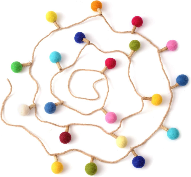 Glaciart One Felt Lightbulb Garland - Ideal Christmas & Fall Season Decoration - Arts & Crafts, Stand-Alone Decor - Zealand Natural Wool, Hand-Felted in Nepal - 20 Rainbow-Colored Fabric Bulbs