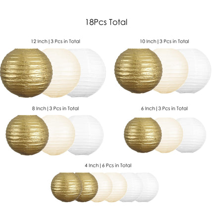 UNIQOOO 18PCS Metallic Gold Paper Lantern Wedding Decoration Set, Assorted Hanging Gold Japanese Paper Lantern, Reusable Easy Assemble, For Year Christmas Birthday Baby Shower Party Favor Supplies