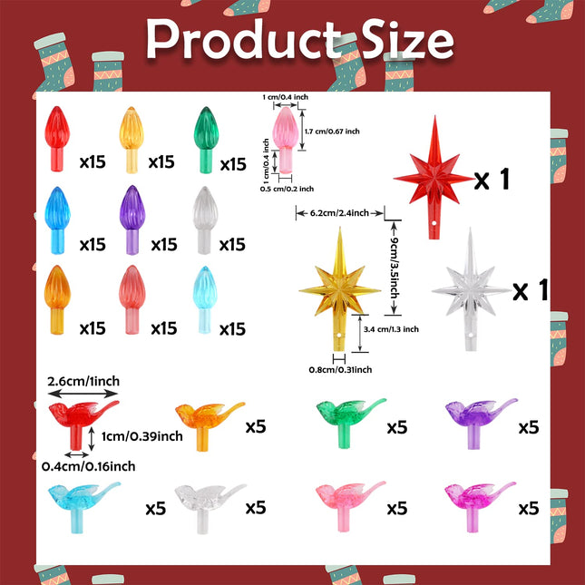 135Pcs Multicolor Ceramic Christmas Tree Replacement Light Bulbs Medium Twist Light Ornaments, 40Pcs Cardinals Birds Lights Bulbs and 3Pcs Topper Stars for Ceramic Christmas Tree