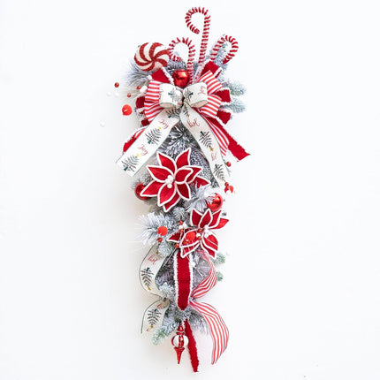 36 Inch Christmas Teardrop Swag, Soomeir Winter Holiday Swags Wreaths with Red White Stripe Ribbon and Lollipop for Front Door, Wall Window Fireplace Indoor Outdoor Decor