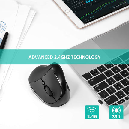 AURTEC Vertical Mouse, Rechargeable 2.4G Wireless Ergonomic Mice with USB Receiver, 6 Buttons and 3 Adjustable DPI 800/1200/1600, Black