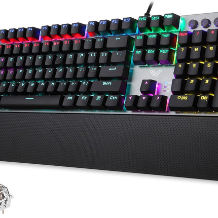 AULA True Mechanical Keyboard Wired LED Rainbow Backlit Gaming Keyboard with Tactile Brown Switches Detachable Wrist Rest, Full Size 108 Keys Anti-Ghosting Computer Mechanical Keyboard - Black