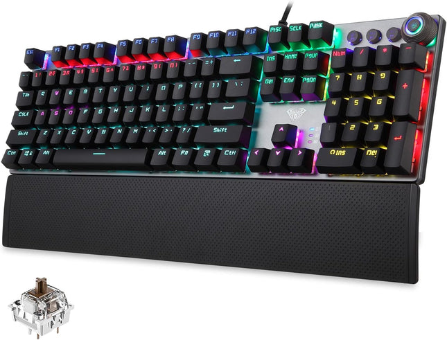AULA True Mechanical Keyboard Wired LED Rainbow Backlit Gaming Keyboard with Tactile Brown Switches Detachable Wrist Rest, Full Size 108 Keys Anti-Ghosting Computer Mechanical Keyboard - Black