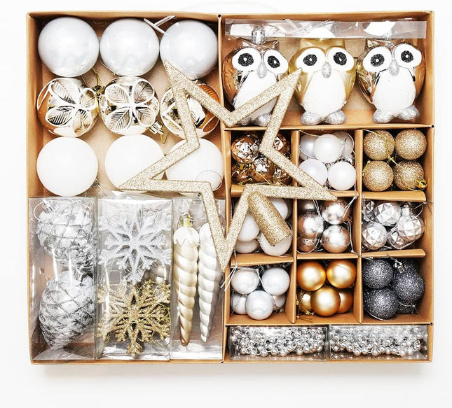 Christmas Tree Ball Ornaments Set, 100 ct Gold-Silver Owl Theme Xmas Ornaments, Shatterproof Decorative Hanging Assorted Ornaments for Holiday Party Decor Tree Ornaments and Events