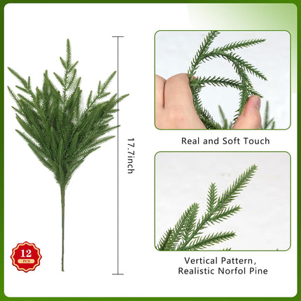 12 Pcs Artificial Norfolk Pine Branches - 18 Inch Faux Christmas Green Plants Greenery Stems Fake Cedar Pine Picks for Vase DIY Crafts Garland Wreath Accessories Xmas Indoor Outdoor Home Decor