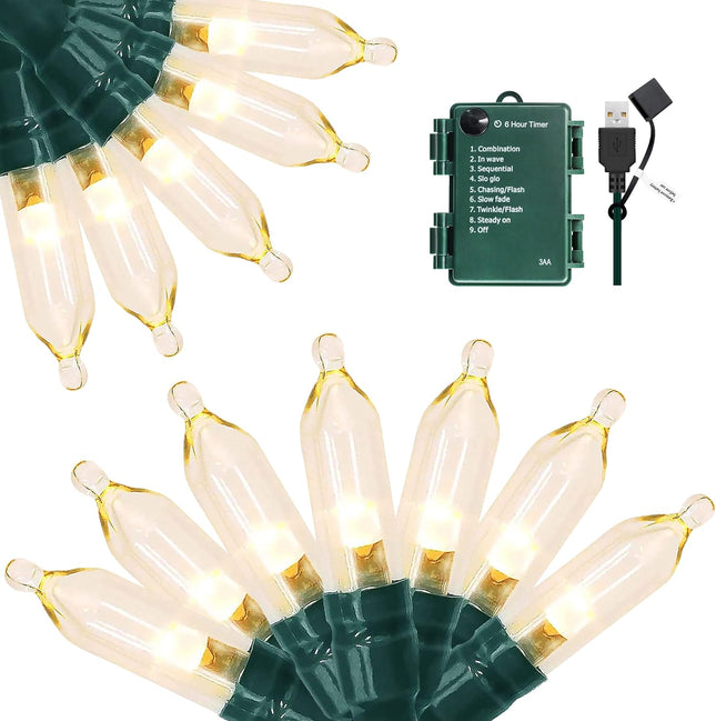 Christmas Lights, 66ft 200 LED String Lights with Timer, USB or Battery Operated String Lights Waterproof 8 Modes Lights for Christmas Tree Wreath Indoor Outdoor Decor, Warm White