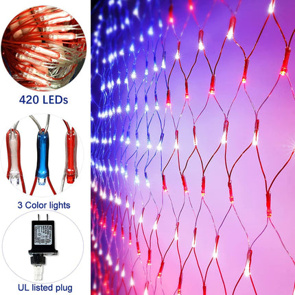 4th of July Decorations, 420 LED 24V Plug in Red White and Blue American Flag Net Lights, Waterproof Patriotic Lights for Outdoor Indoor Independence/National/Memorial Day, Christmas Decor