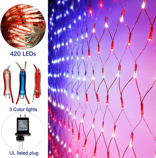4th of July Decorations, 420 LED 24V Plug in Red White and Blue American Flag Net Lights, Waterproof Patriotic Lights for Outdoor Indoor Independence/National/Memorial Day, Christmas Decor