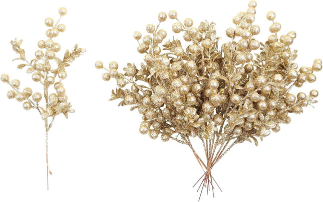 Champagne Gold Christmas Picks Decorations Floral Sprays Glittered Twigs for Xmas Tree Ornaments Decoration Filler Wreath Garland Floral Arrangement Decor Xmas Toppers Home Party
