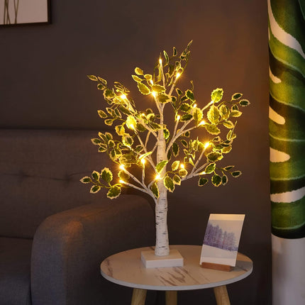 Green Leaf Birch Tree with LED Lights, 2 feet 24 LED Warm Light Up Christmas Tree, Timer Battery Operated or USB Plug in Tabletop Tree Lamp for Wedding Home Decoration