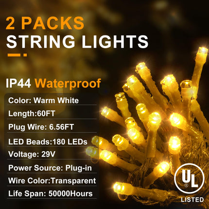 KNO 2-Pack Christmas String Lights Indoor Plug in, Total 120FT 360LED Warm White Outdoor Waterproof Fairy Lights,8 Lighting Modes,Timer Memory Function for Bedroom Patio Balcony Party