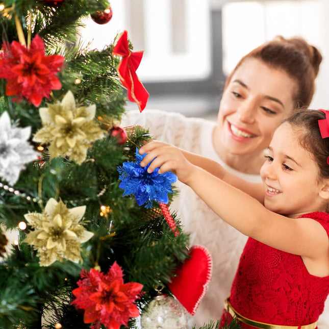 Christmas Poinsettia Artificial Flowers Decorations 5.5" Christmas Tree Wreaths Garland Decoration 12 Pcs Glitter Flowers Picks Decor for Xmas Year Wedding Party Ornaments (White)