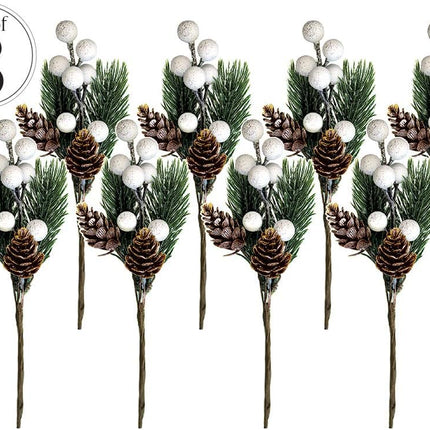 OLYPHAN White Christmas Berries/Berry Stems w. Pine Branches & Artificial Pine Cones/White Holly Spray/Wreath Picks for Winter Decor, Holiday Crafts, Xmas Decorations/Decorative Pick (Snow)