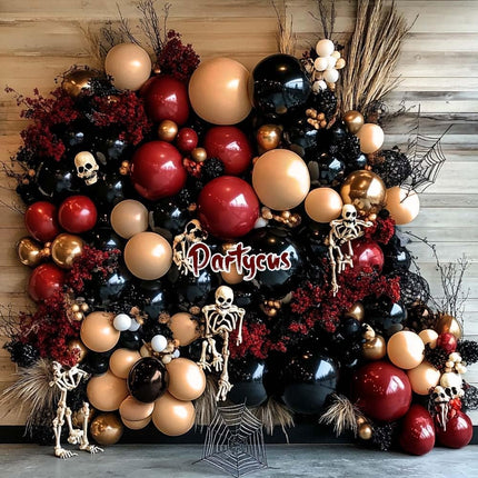 Burgundy Black Balloon Garland Double Stuffed Nude Maroon Gold Balloon Dark Red Apricot Balloon Arch Kit for Birthday Anniversary Halloween Christmas Party Decoration