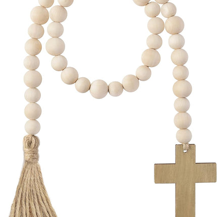 L1rabe Easter Wooden Bead Garland - Easter Jesus Cross Ornaments Bead Decoration Easter Hanging Decor Fireplace Ornaments Farmhouse Tiered Tray Prayer Bead for Easter Spring Holiday Party