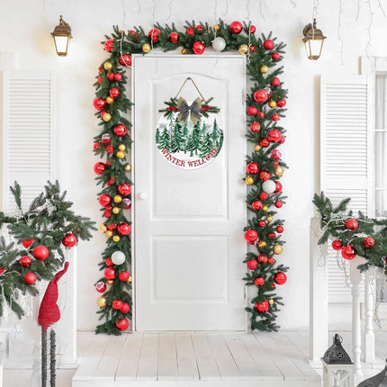 VELLOW Winter Front Door Welcome Sign, Merry Christmas Wooden Welcome Door Sign, Christmas Winter Pine Tree Welcome Wreath 12x12 inches