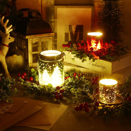 Lyrow 24 Pcs Christmas Candle Rings Artificial Candle Wreaths Garland Simulation Red Berries Xmas Mini Candle Holder for Pillars Rustic Wedding Centerpiece Table Closet Decorations