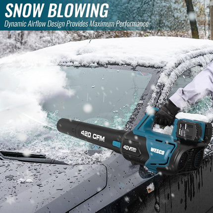 Leaf Blower，WESCO 40V Max Cordless Leaf Blower with Battery and Charger, 420 CFM, 2Pcs 2.0Ah Li-ion Battery Electric Leaf Air Blower,Charger,Handheld Sweeper for Blowing Leaves,Dust,Debris,Snow Blower