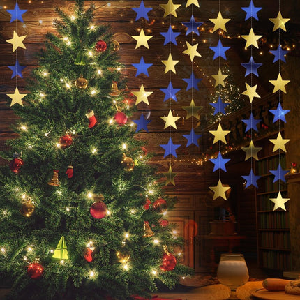 Star Garland, Star Garland Banner, 5PCS 66 Feet Double Side Star Hanging Bunting Banner Backdrop Little Star Paper Hanging Decor for Birthday Wedding Baby Shower Christmas Party Decorations, Blue Gold
