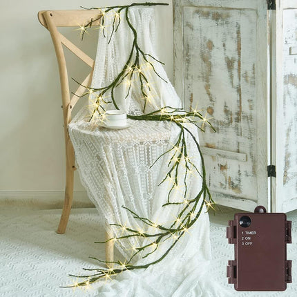 Fudios Greenery Garland with Lights for Mantle with Timer 48 LED 6FT Mossy Vine Garland Lights for Table Centerpieces Indoor Outdoor