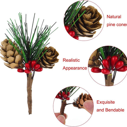 CHRORINE 15 Pcs Artificial Pine Cone Picks and Red Berry Mini Artificial Pine Tree for Christmas Party Flower Wreaths and Holiday Decorations