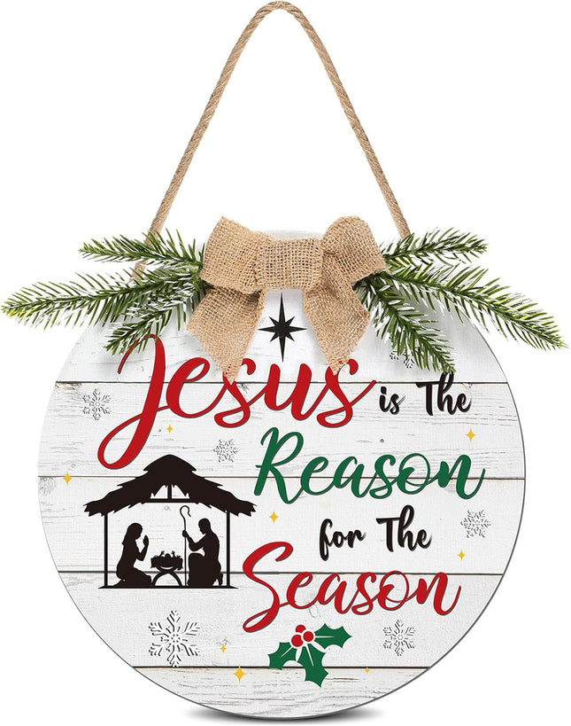 Christmas Decorations Wooden Hanging Sign Jesus is The Reason for The Season Xmas Door Hanging Sign Christmas Nativity Scene Front Door Sign Wreath for Xmas Holiday Front Door Wall Decoration (White)