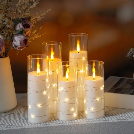 Flameless Candles Battery Operated,5 Pcs Acrylic Flickering LED Candles with Remote,with Embedded Star String Flameless Pillar Candle,Home Decor Halloween Christmas Creating Ambiance(White)