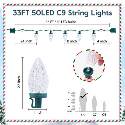 Brightown C9 LED Christmas String Lights, 33ft 50 LED Waterproof Strawberry String Lights, Plug-in Extendable Green Wire Lights String for Outdoor Indoor Patio Party Decoration (White)