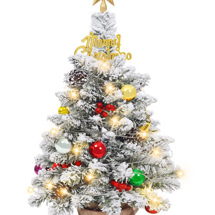 24 in Tabletop Mini Christmas Tree Set, Small Snow Flocked Prelit Christmas Tree with Warm LED Lights, Star Treetopper, Plastic Pine Cones, Berrys and Hanging Ornaments for DIY Christmas Decorations