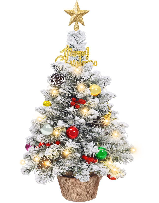 24 in Tabletop Mini Christmas Tree Set, Small Snow Flocked Prelit Christmas Tree with Warm LED Lights, Star Treetopper, Plastic Pine Cones, Berrys and Hanging Ornaments for DIY Christmas Decorations